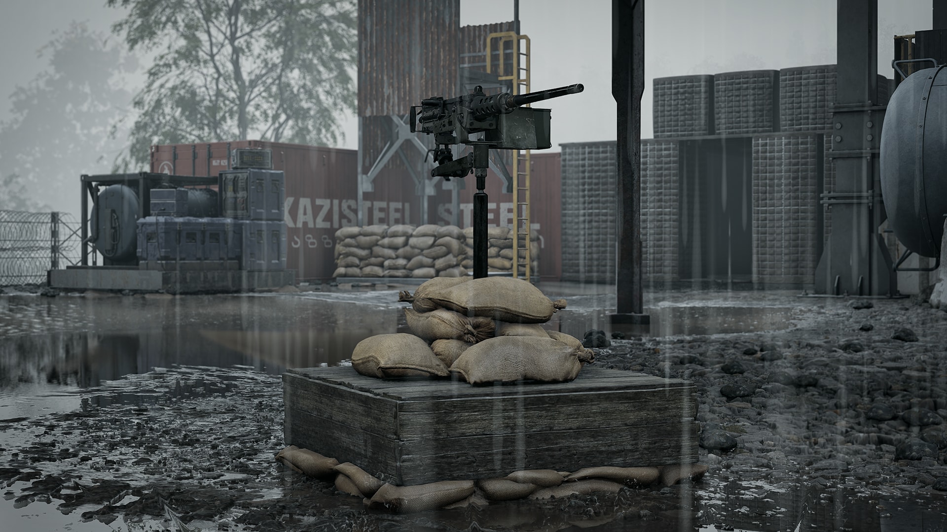 An MG Nest, a heavy machine gun mounted on a sandbagged wooden platform in a flooded industrial yard in WARDOGS