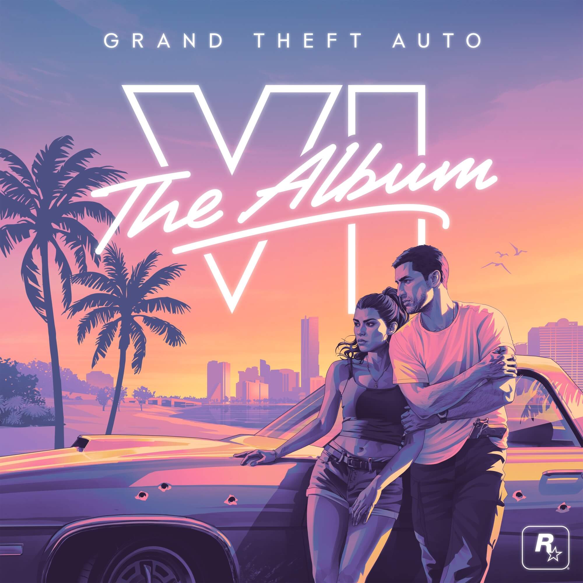 Official artwork for Grand Theft Auto VI: The Album, showing Lucia and Jason leaning on a bullet-marked car in front of a palm-lined city skyline at sunset