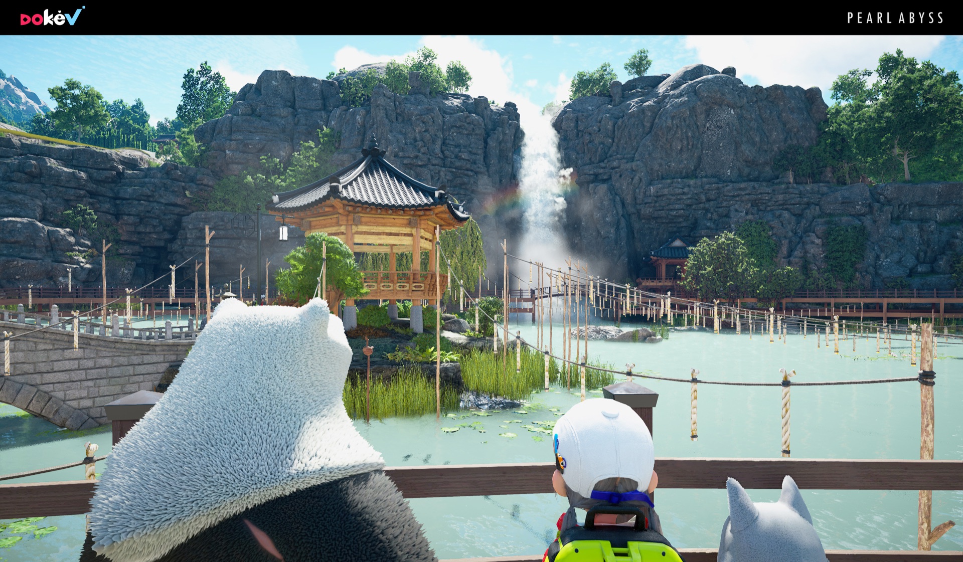 Official DokeV screenshot of a character and two Dokebi looking out over a wetland pavilion and rope bridge
