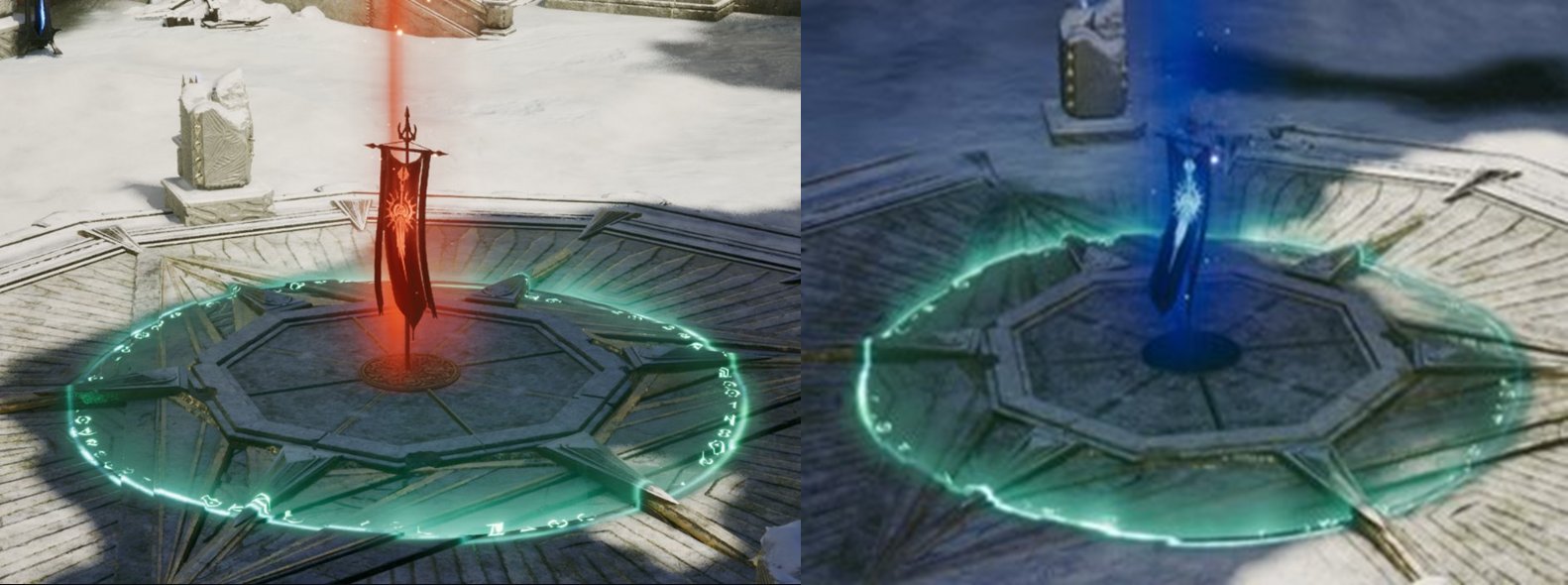 The red team flag and the blue team flag standing on their fortress platforms in Snowfield Where the Storm Sleeps