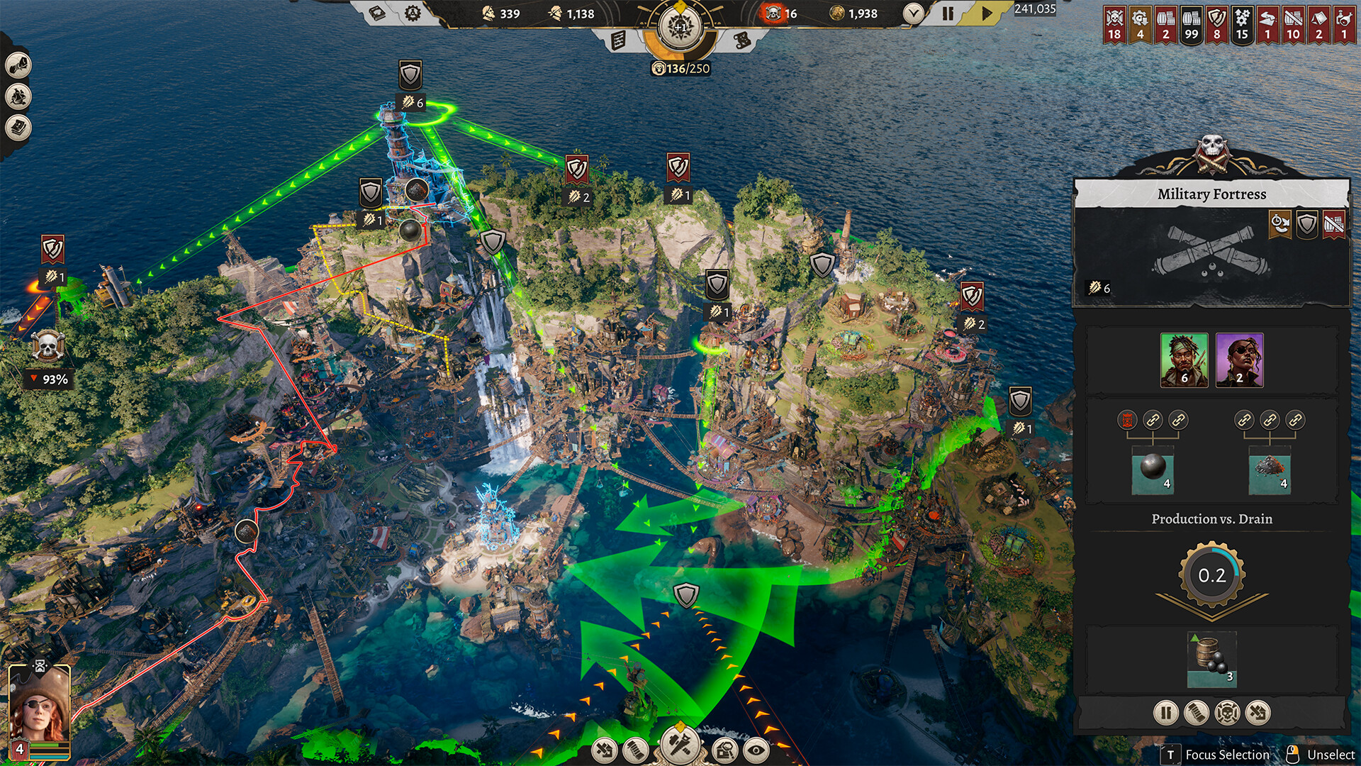 Overhead view of a cliffside pirate haven with green and red connection routes drawn across the island, and the Military Fortress panel open showing its workers and production versus drain