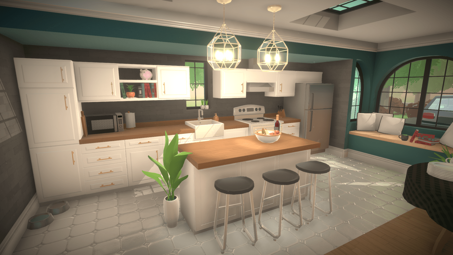 Paralives kitchen showing the color wheel customization system for furniture and appliances
