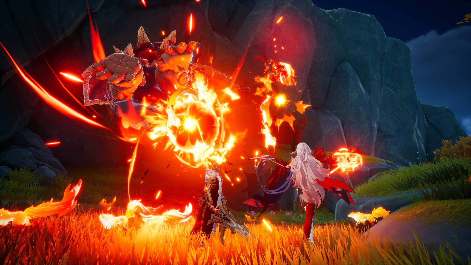 A night-time boss fight in DragonSword : Awakening against a large armoured beast wreathed in fire, with two Heroes standing in burning grass