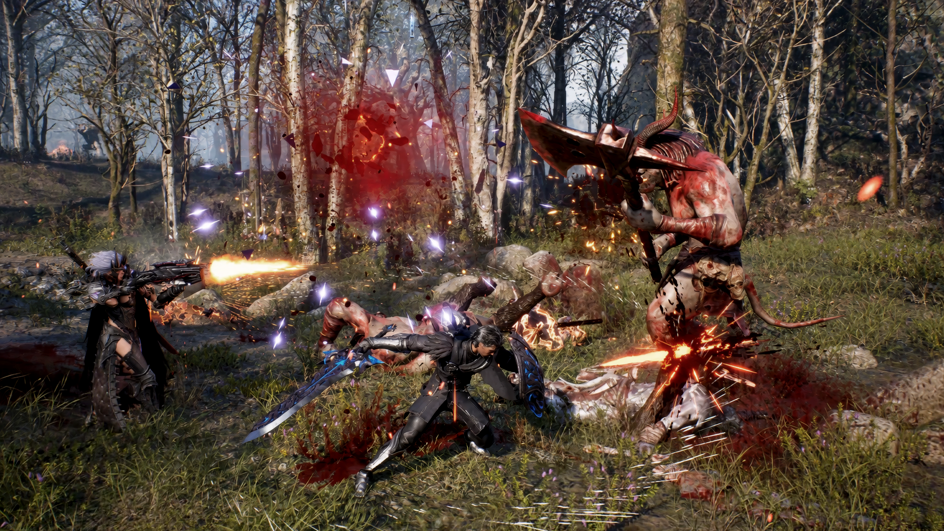 A squad of players fighting a large horned demon in a forest, one firing a ranged weapon while others close in