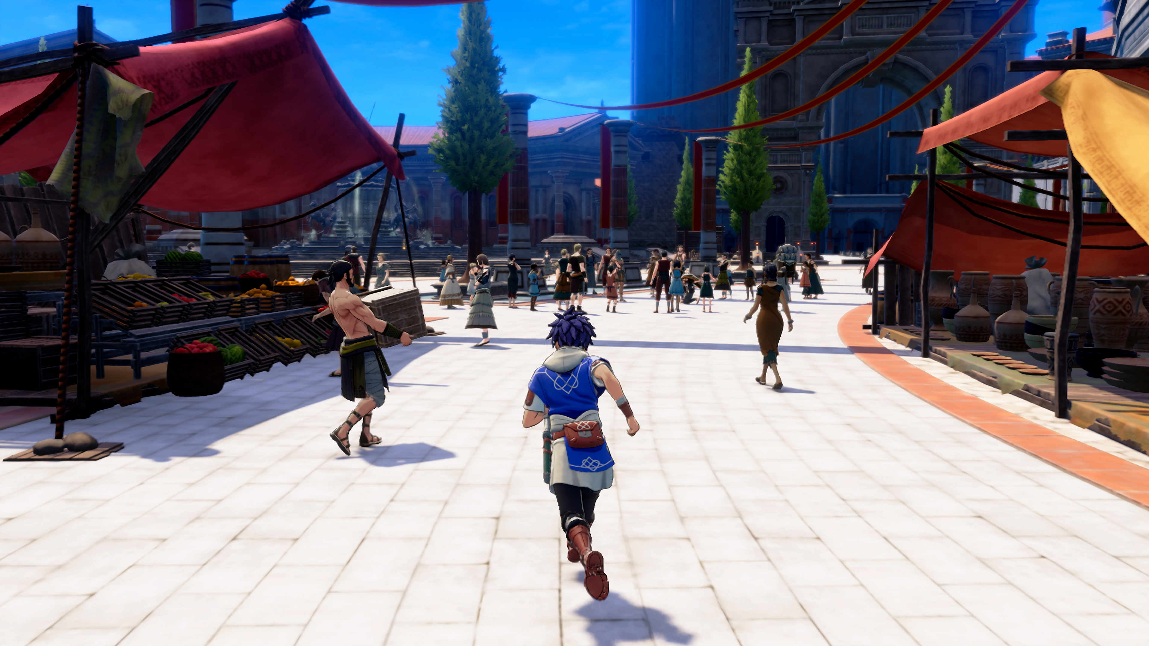 Running across a sunlit market plaza lined with awnings, fruit stalls and pottery displays