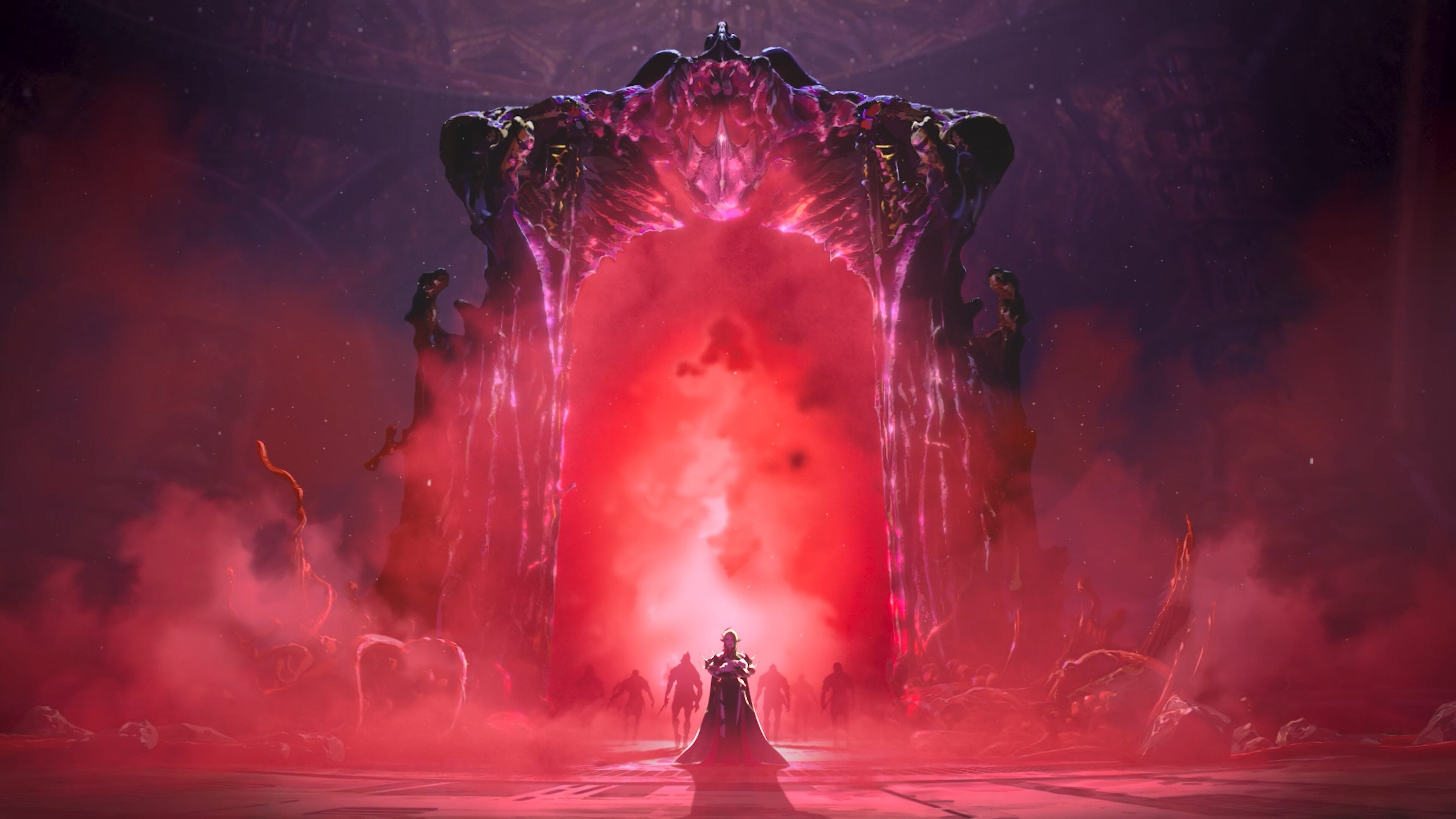A colossal fanged red and black structure looming over a lone caped figure and advancing silhouettes