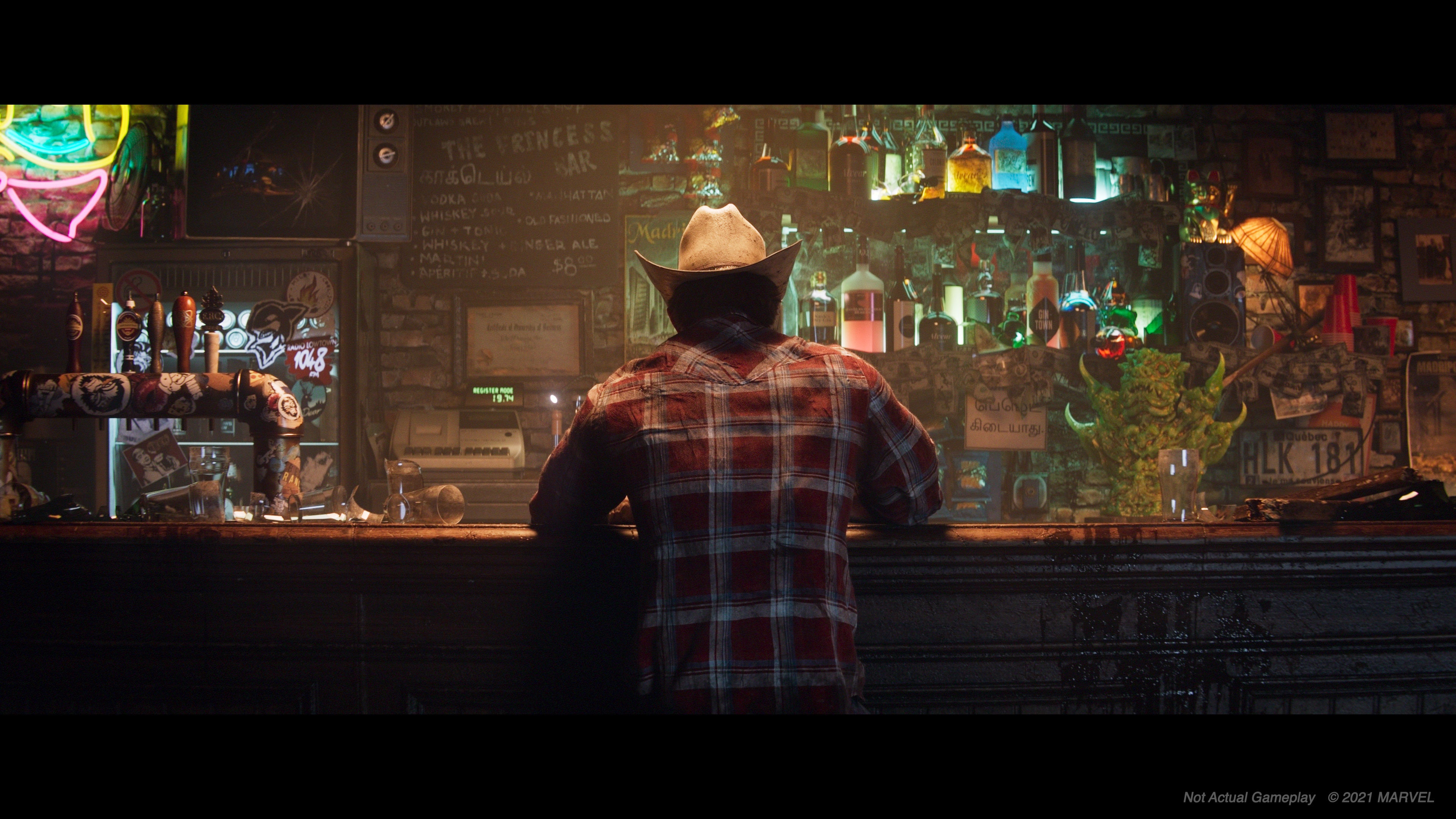 Interior of the Princess Bar, with Logan in a cowboy hat and plaid shirt at the counter, a chalkboard cocktail menu, neon signage and a bottle shelf