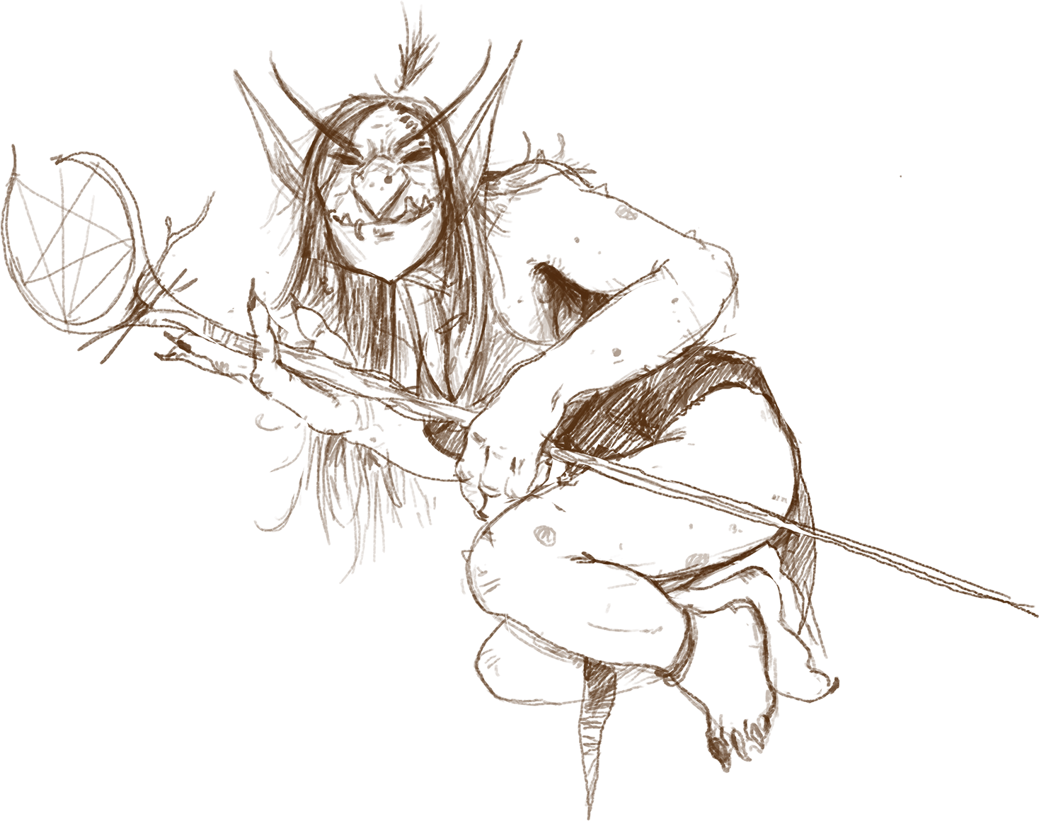 Concept sketch of a Troll woman crouching with a long spear