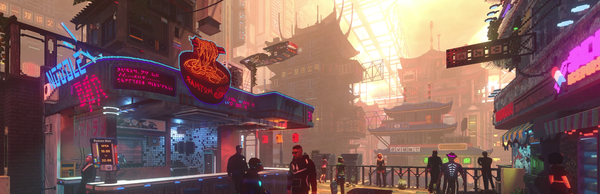 Promotional art of the Ramen Noir noodle bar in Meridian Market, with its neon noodle bowl sign, an opening hours terminal reading 10:00 to 22:00, customers at the counter and a hover vehicle passing over the street
