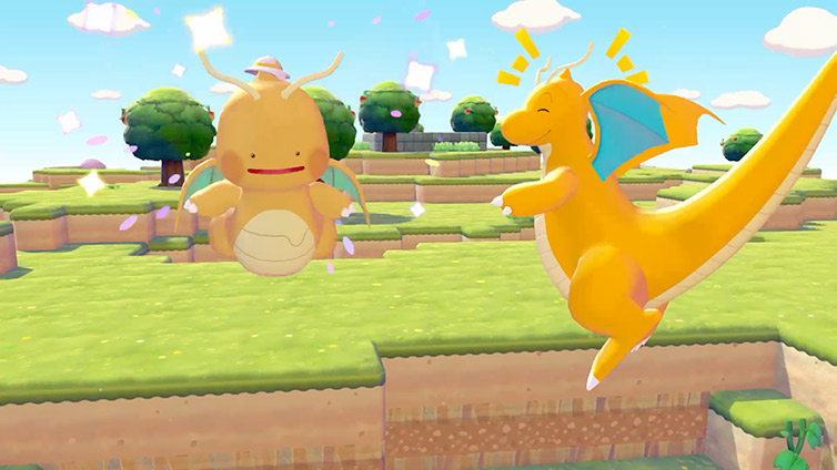 Gliding between mountain peaks using the Fly ability with a panoramic view of the Pokopia world