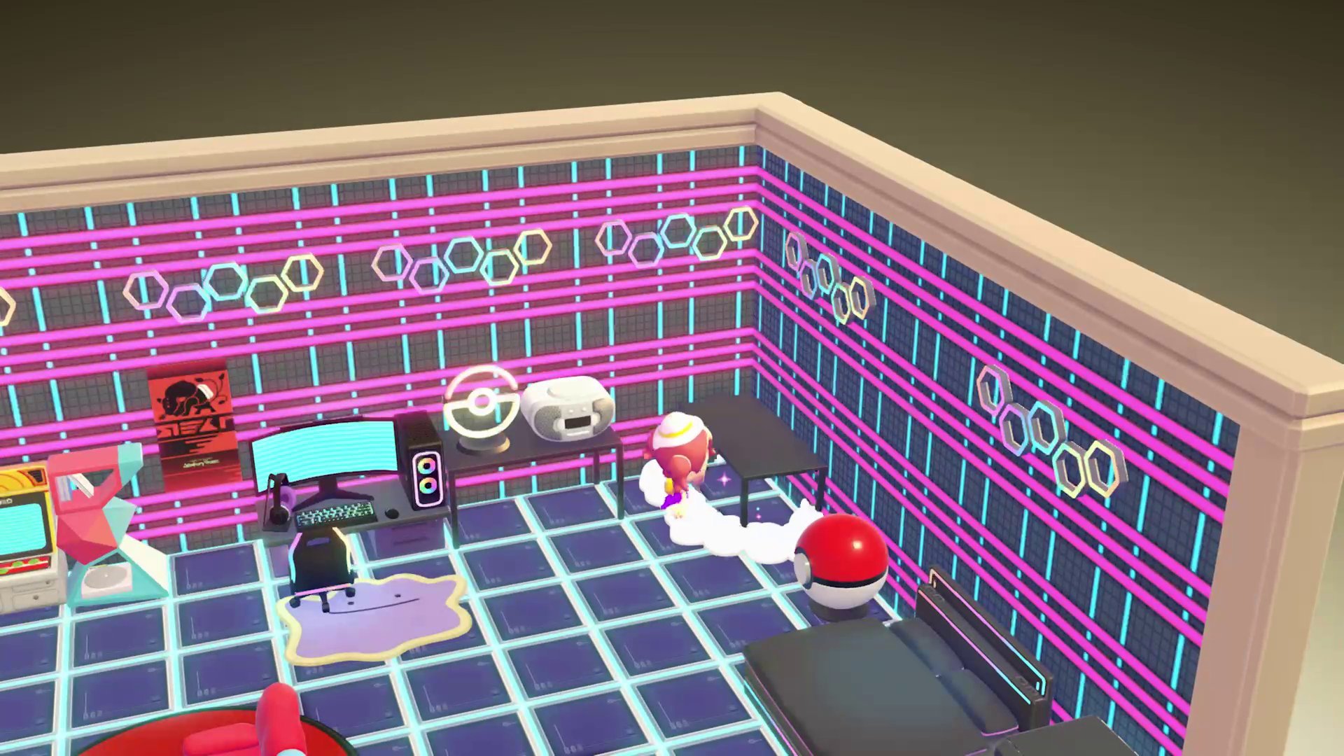 Palette Town region showing colorful buildings, residential areas, and Pokemon Center structures