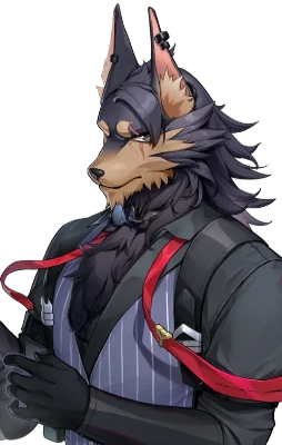 Skia full character art - fierce wolf-man Esper in detective attire