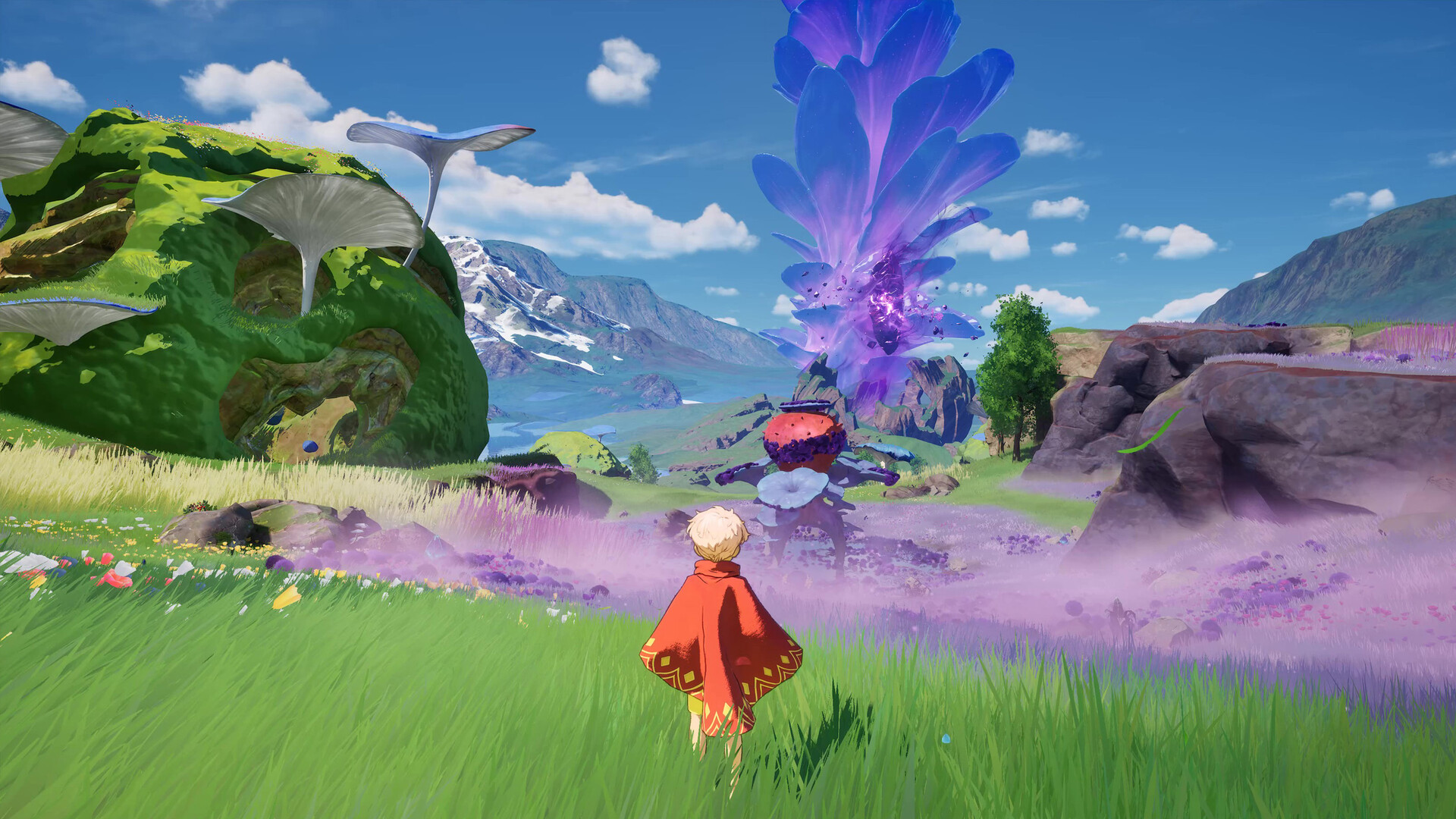 The red-hooded protagonist facing purple haze and a towering purple plume in a meadow
