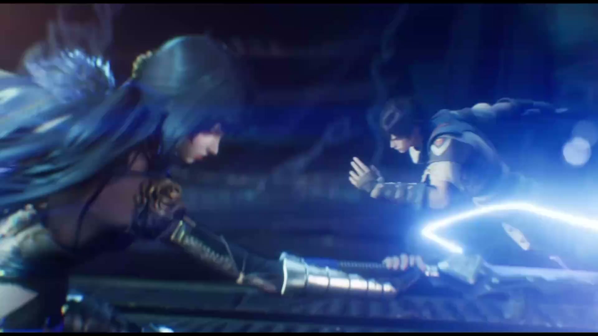 Frame from the official Bringer concept site cinematic: a dark haired woman in the foreground and a young man behind her both reach for a blade that glows blue as it is drawn