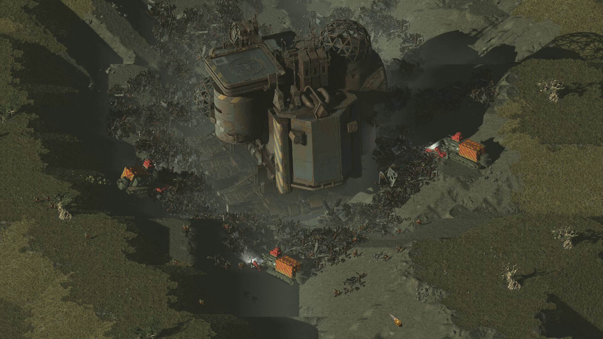 A massive concrete fortress surrounded by wreckage and vehicles in D.O.R.F.