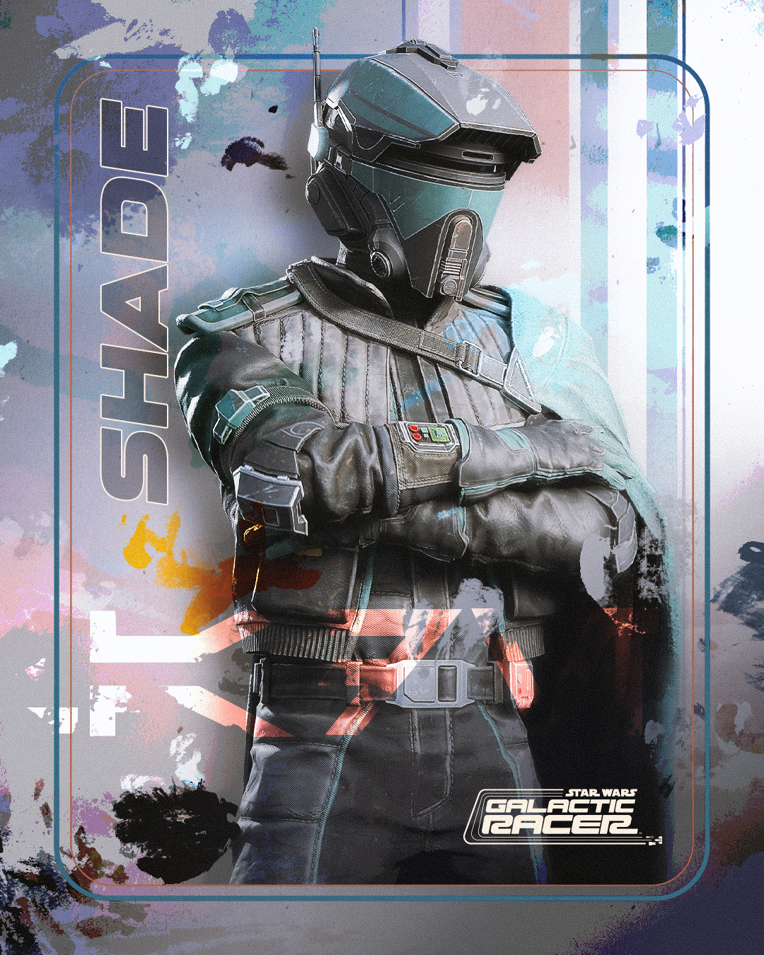 Official character art of Shade in a full racing helmet and padded jacket, arms folded
