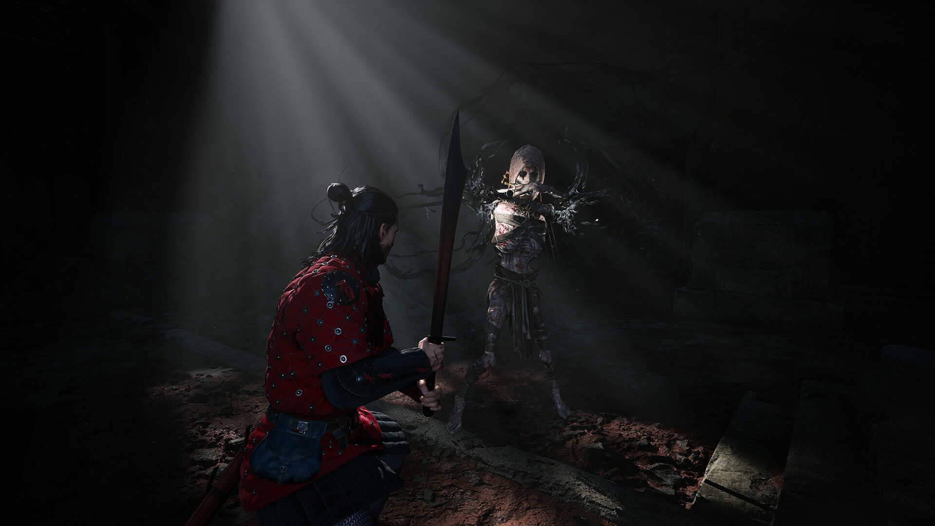 A gaunt undead figure wreathed in black tendrils in a ruined stone chamber, lit by a shaft of daylight