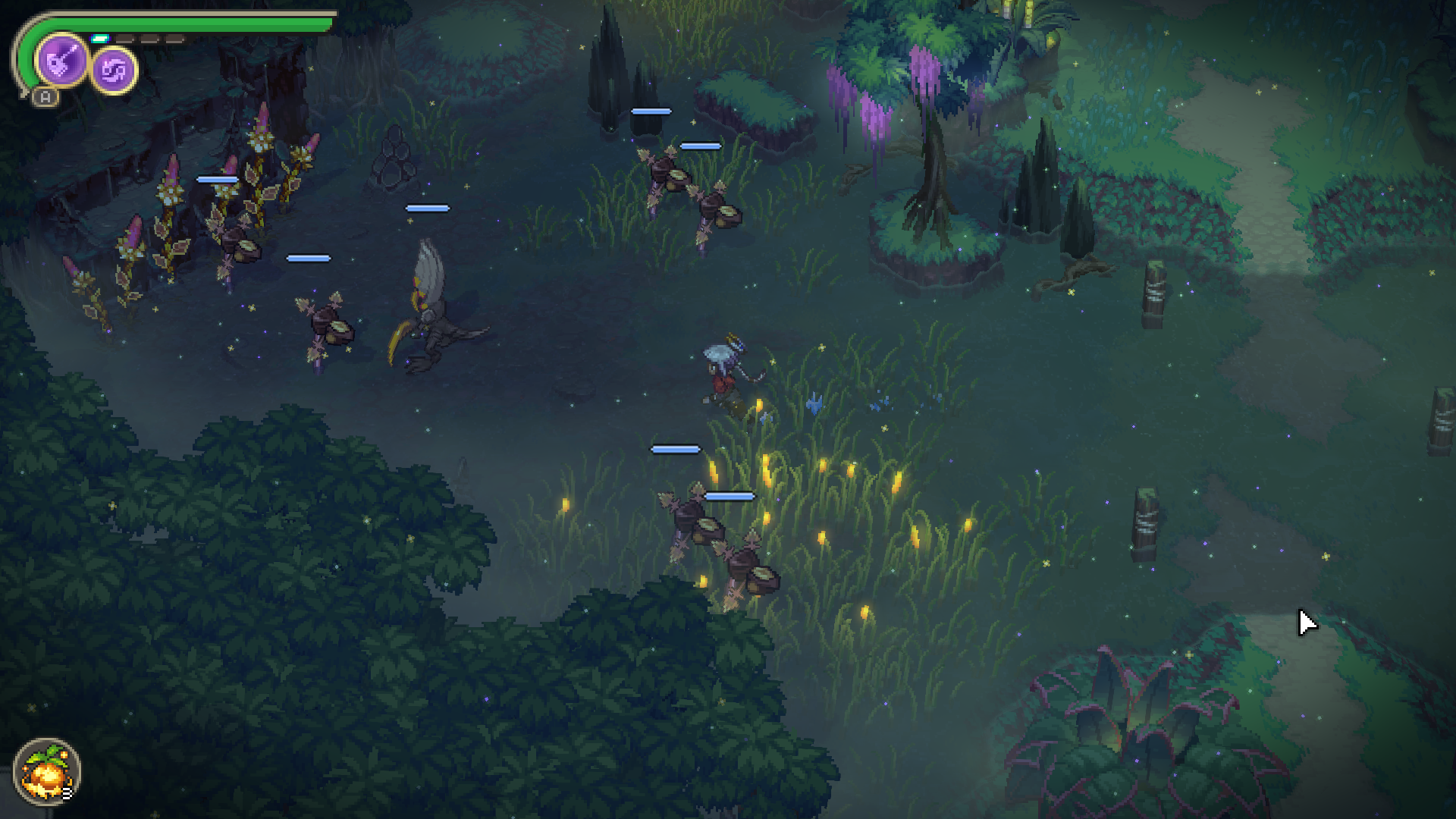 The Scala Moor swamp region at night, with mist over standing water, tall luminous grass, blossom-hung willows and insect enemies gathered around Juno