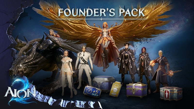 Founder's Pack promotional art showing characters in pack armor skins, a black dragon, gold wings and supply chests
