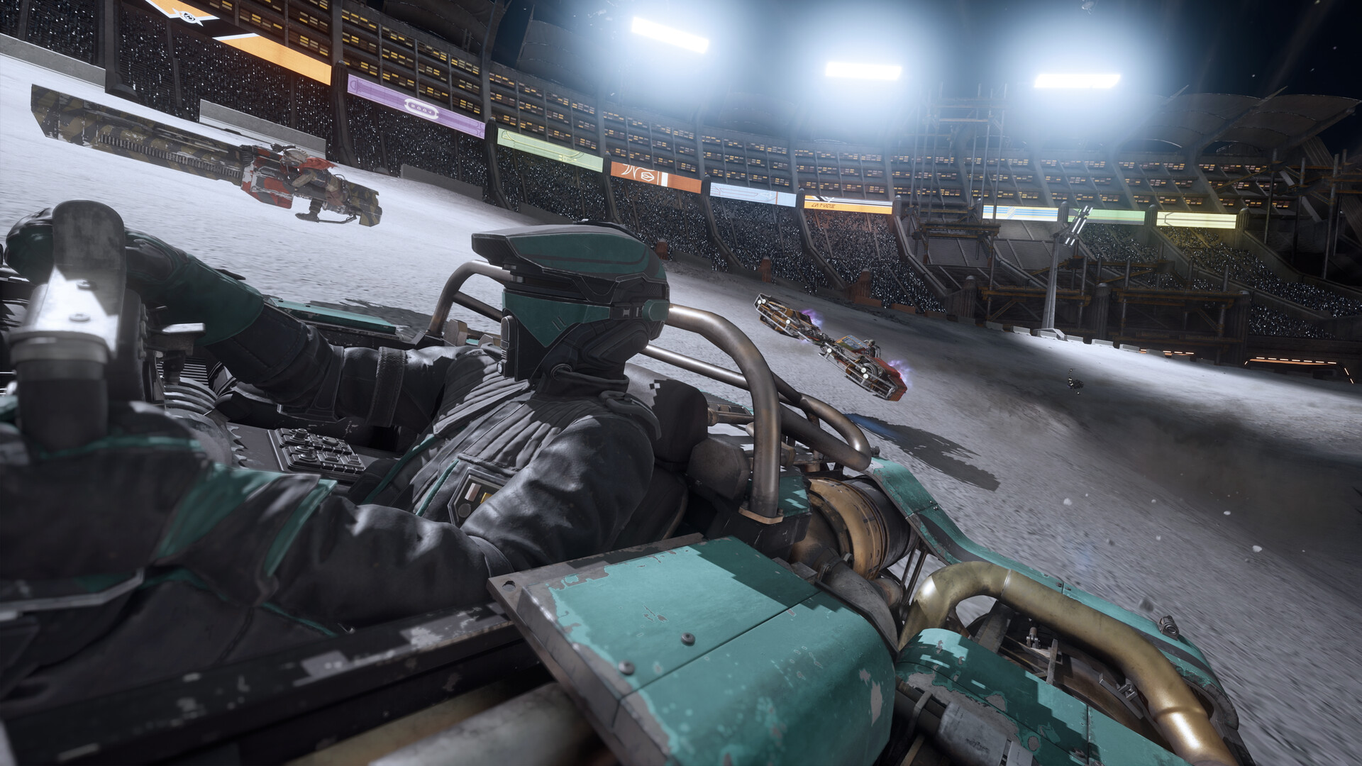 Chase view of a teal repulsorcraft racing a floodlit stadium circuit at night