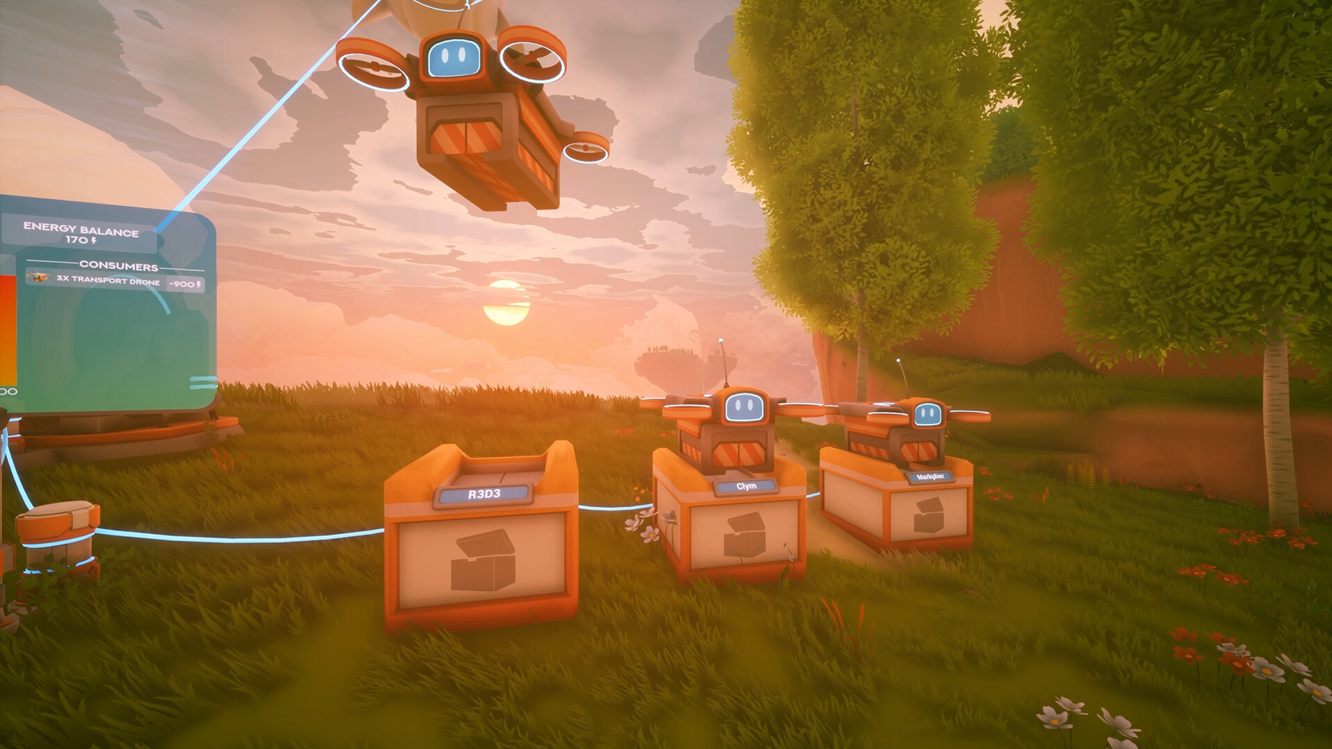 Three transport drones in Solarpunk, one airborne with a crate and two docked on named delivery crates, beside a network display reporting their power draw