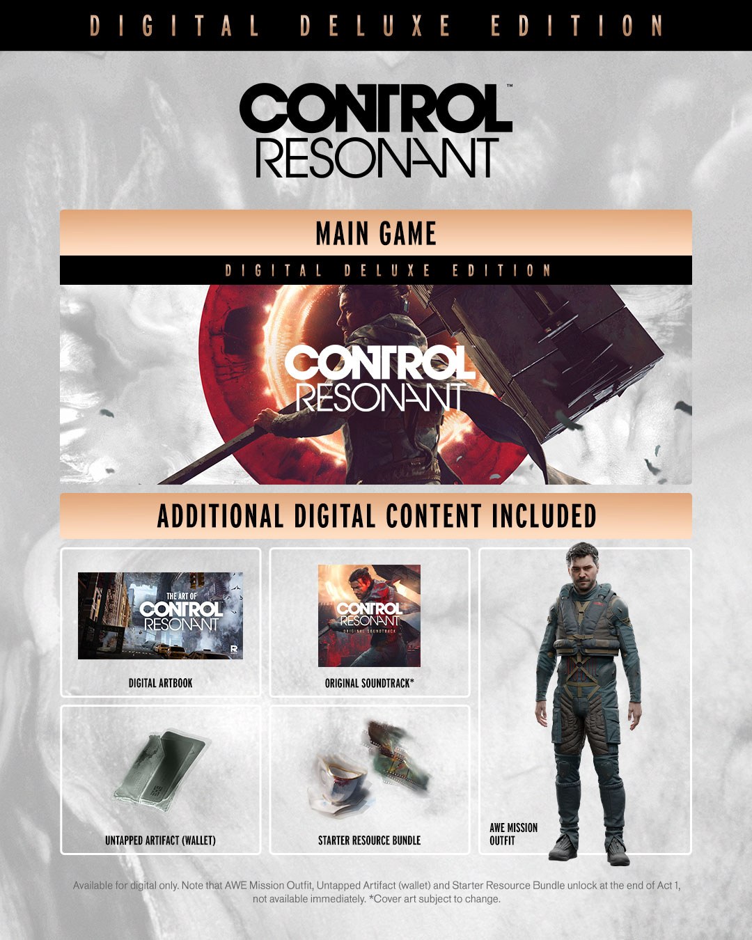 Digital Deluxe Edition contents graphic listing the main game plus the Digital Artbook, Original Soundtrack, Untapped Artifact (Wallet), Starter Resource Bundle and AWE Mission Outfit