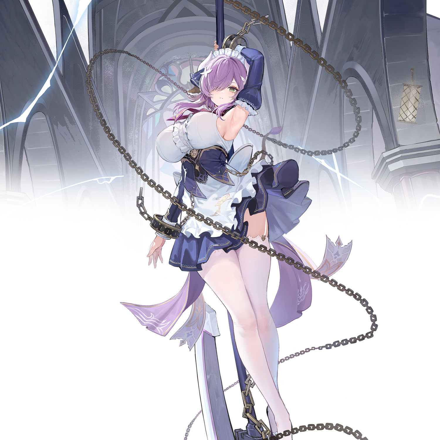 Cathbelle, a purple-haired maid wrapped in chains, in a stone hall