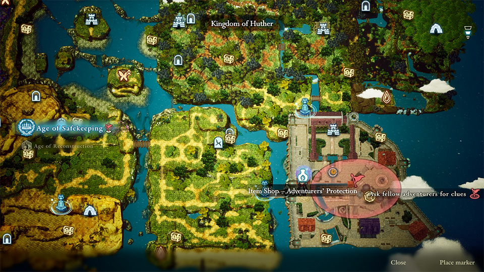 The area map around the Kingdom of Huther marked with treasure chest icons, shrine icons, a shop label and a quest marker
