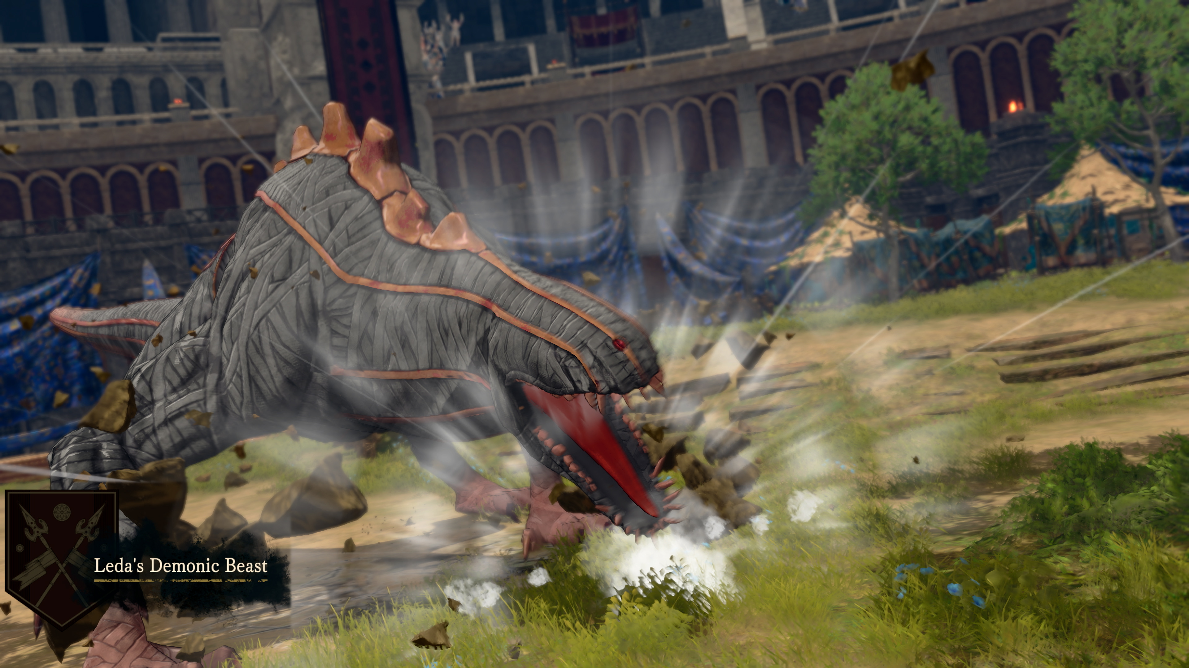 Leda's summoned Demonic Beast charging across an arena floor with its jaws open