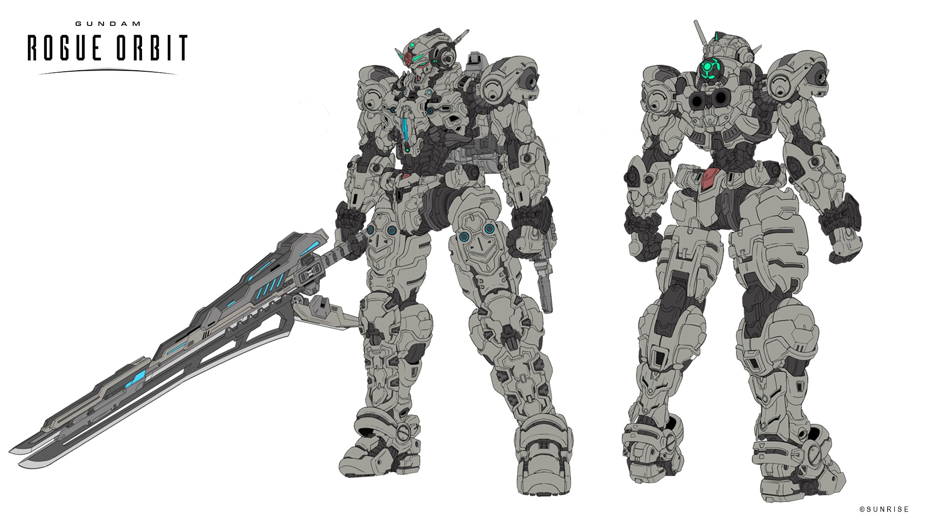 Official concept art of Gundam Helix showing front and rear views with its long blade and sidearm