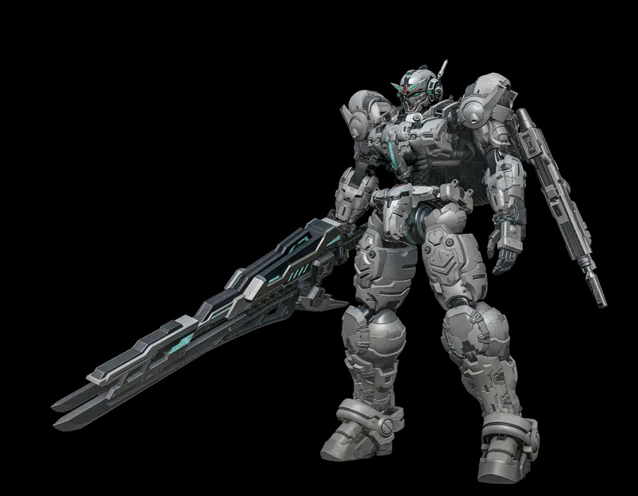 Official front render of Gundam Helix in grey and white plating, holding its oversized bladed weapon in one hand and a compact sidearm in the other