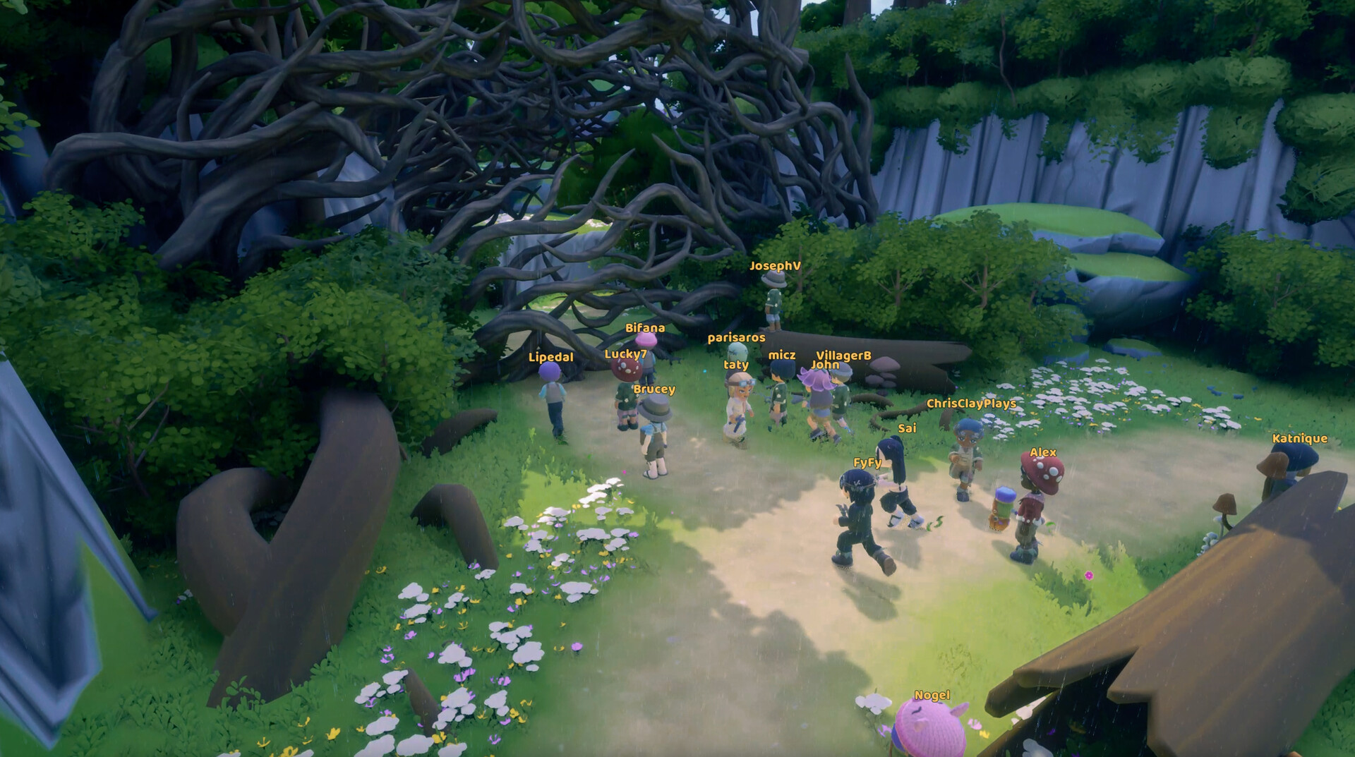 A group of Loftians stands near a dark overgrown opening in the forest.