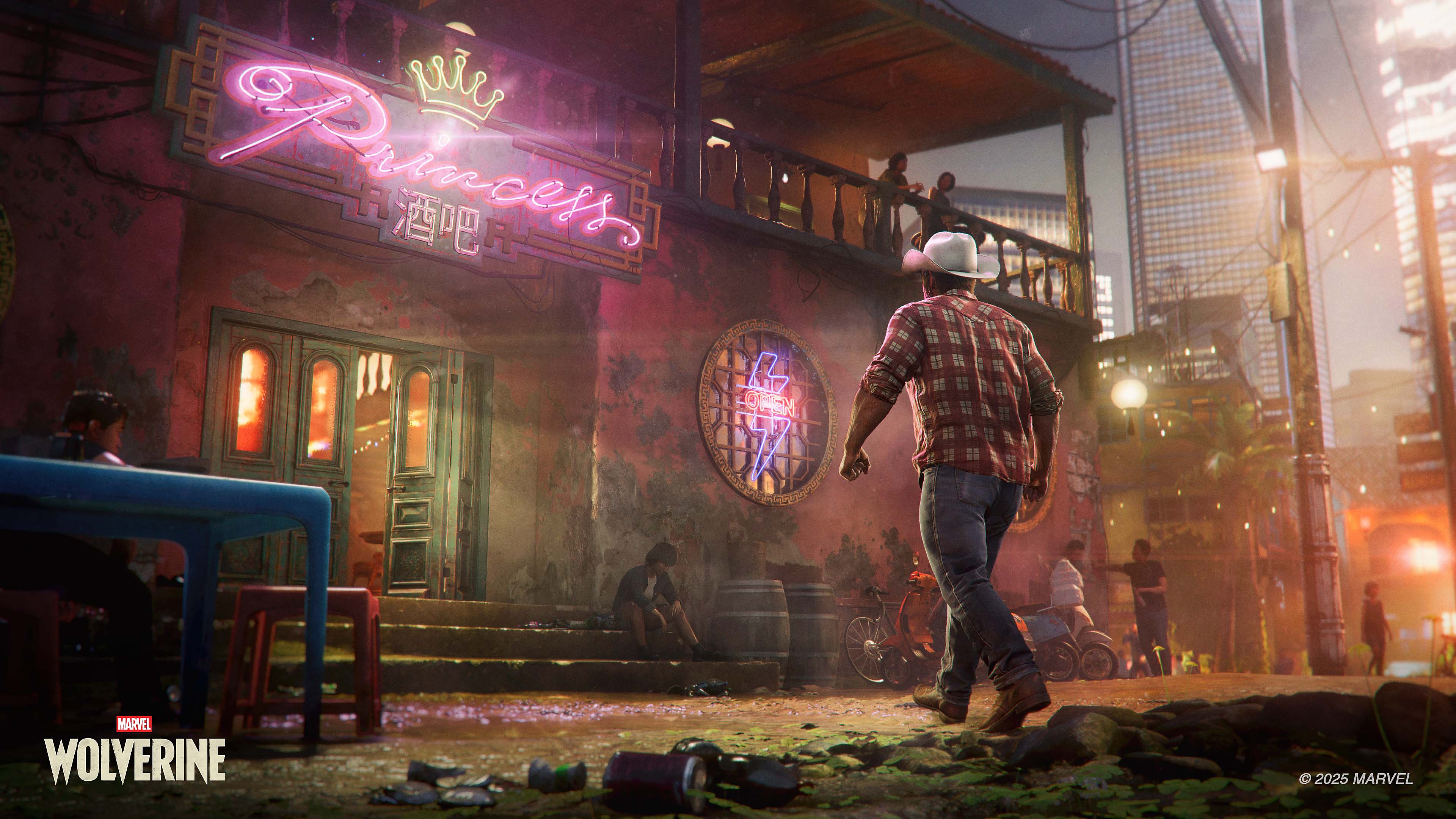 Exterior of the Princess Bar in Madripoor's Lowtown at dusk, with a pink neon Princess sign and Logan in a cowboy hat walking toward the door