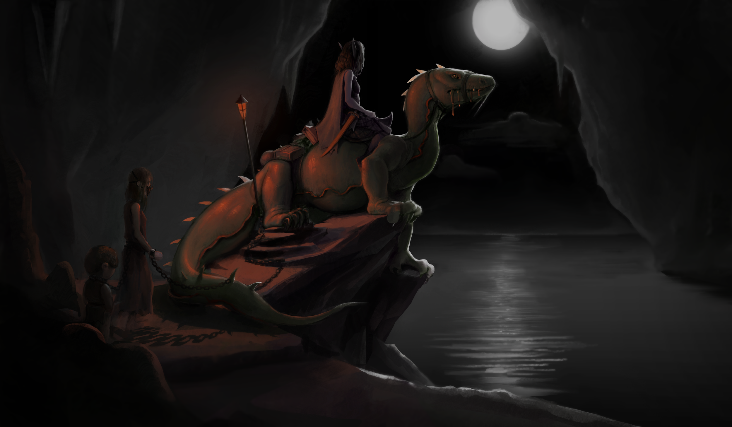 Illustration of a rider on a green lizard mount perched on a rock in a moonlit cavern above still water, with two figures waiting below