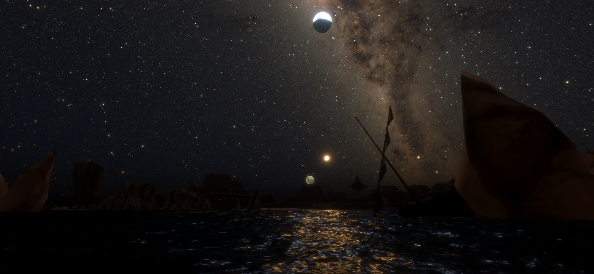 In development night view of a moonlit sea with a wrecked hull under a star filled sky