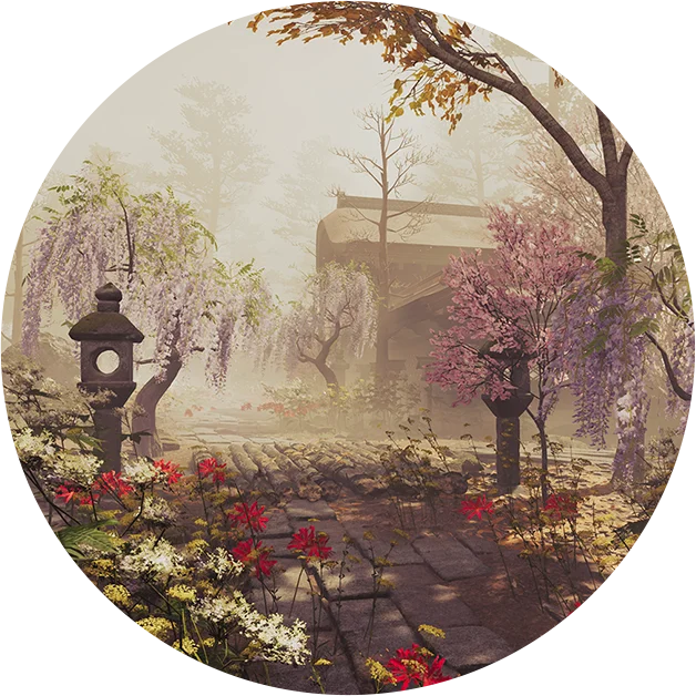 Official location art for Yasui Konpiragu Shrine, a misted garden path of stone lanterns, wisteria, blossom and red spider lilies