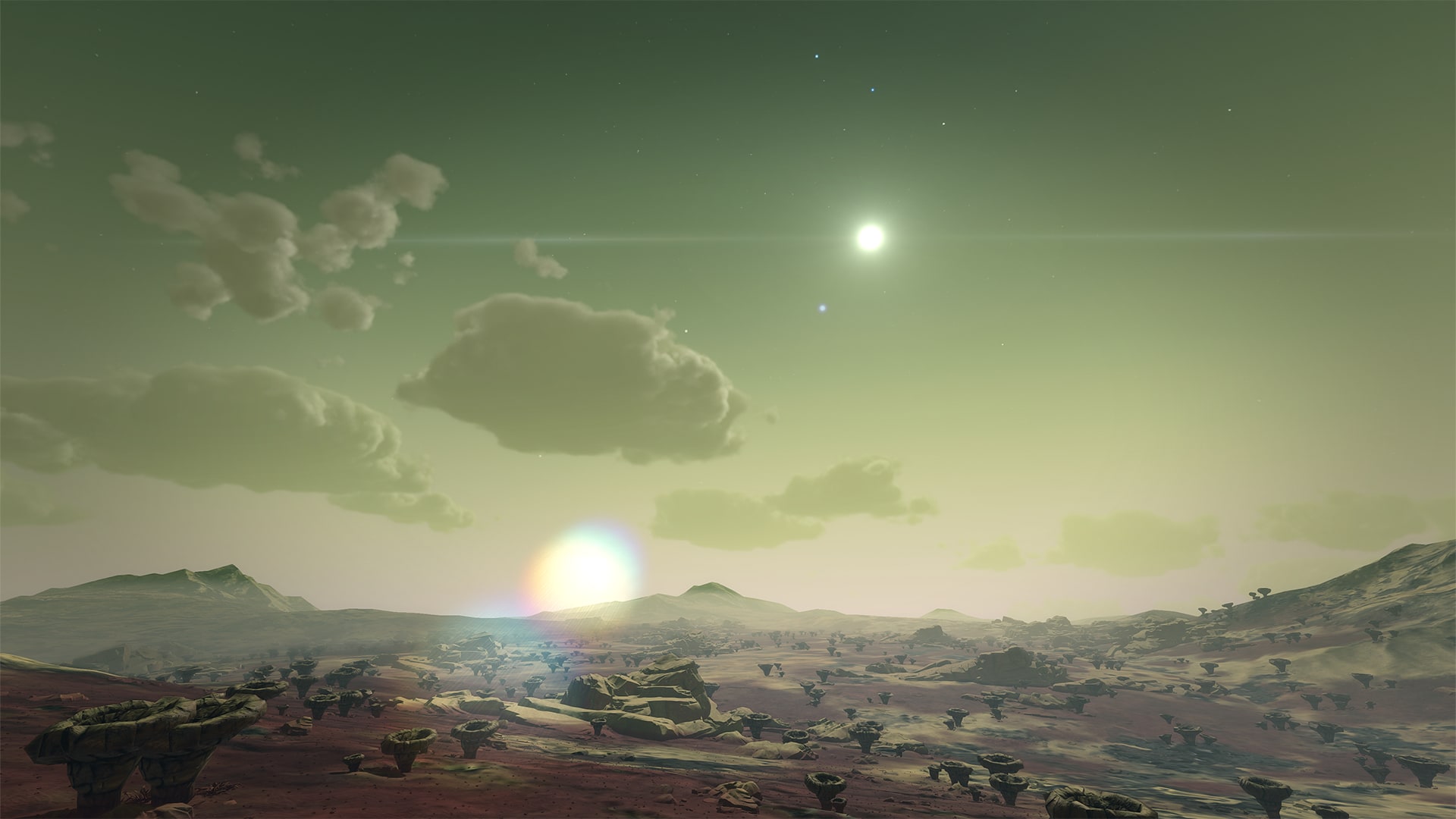 A green-tinted sky with a bright sun over a reddish plain scattered with mushroom-shaped rock formations