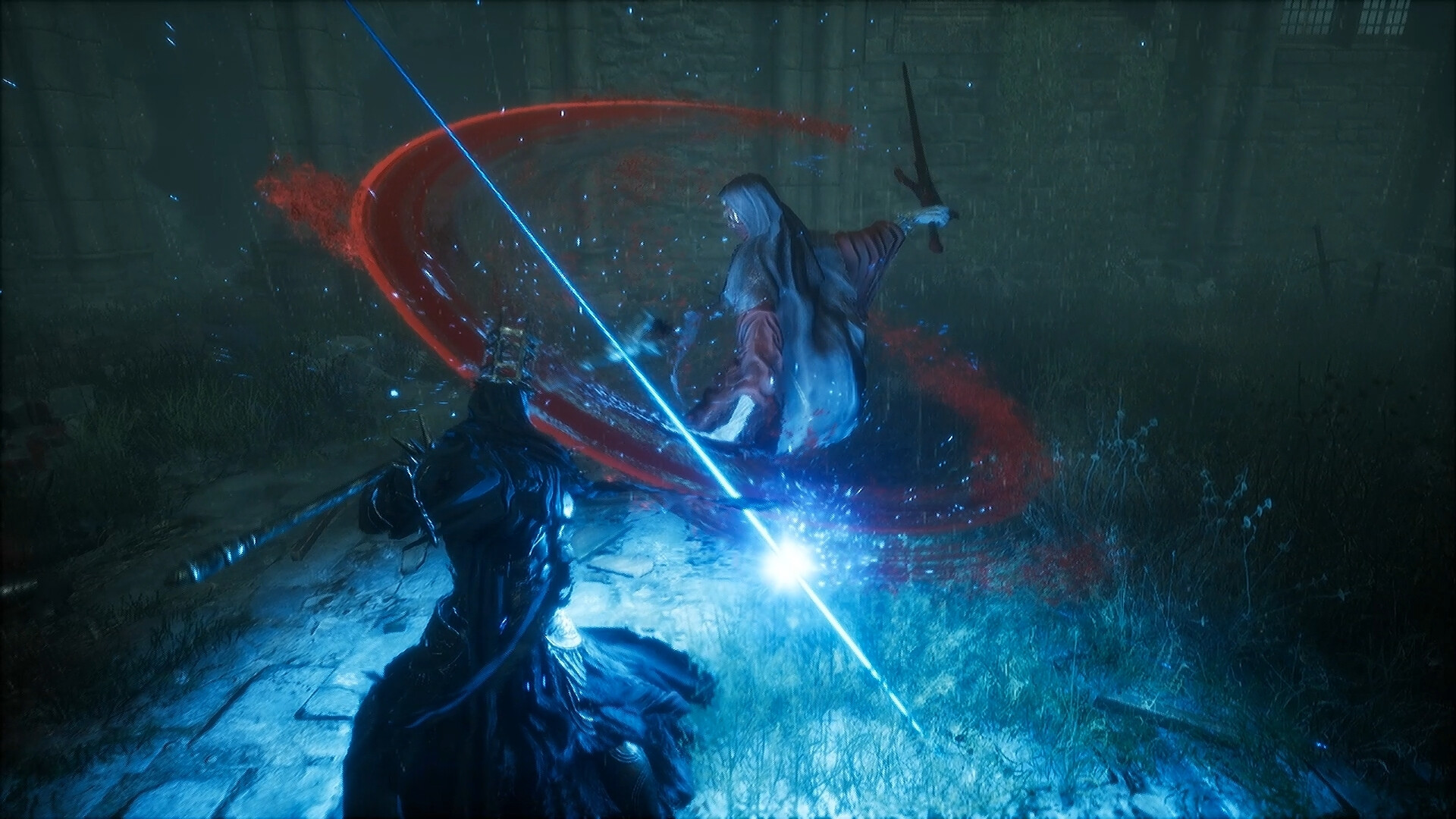 The Guardian strikes with a glowing blue blade trail at a white-haired figure in layered robes wielding a curved sword, inside a stone ruin at night.
