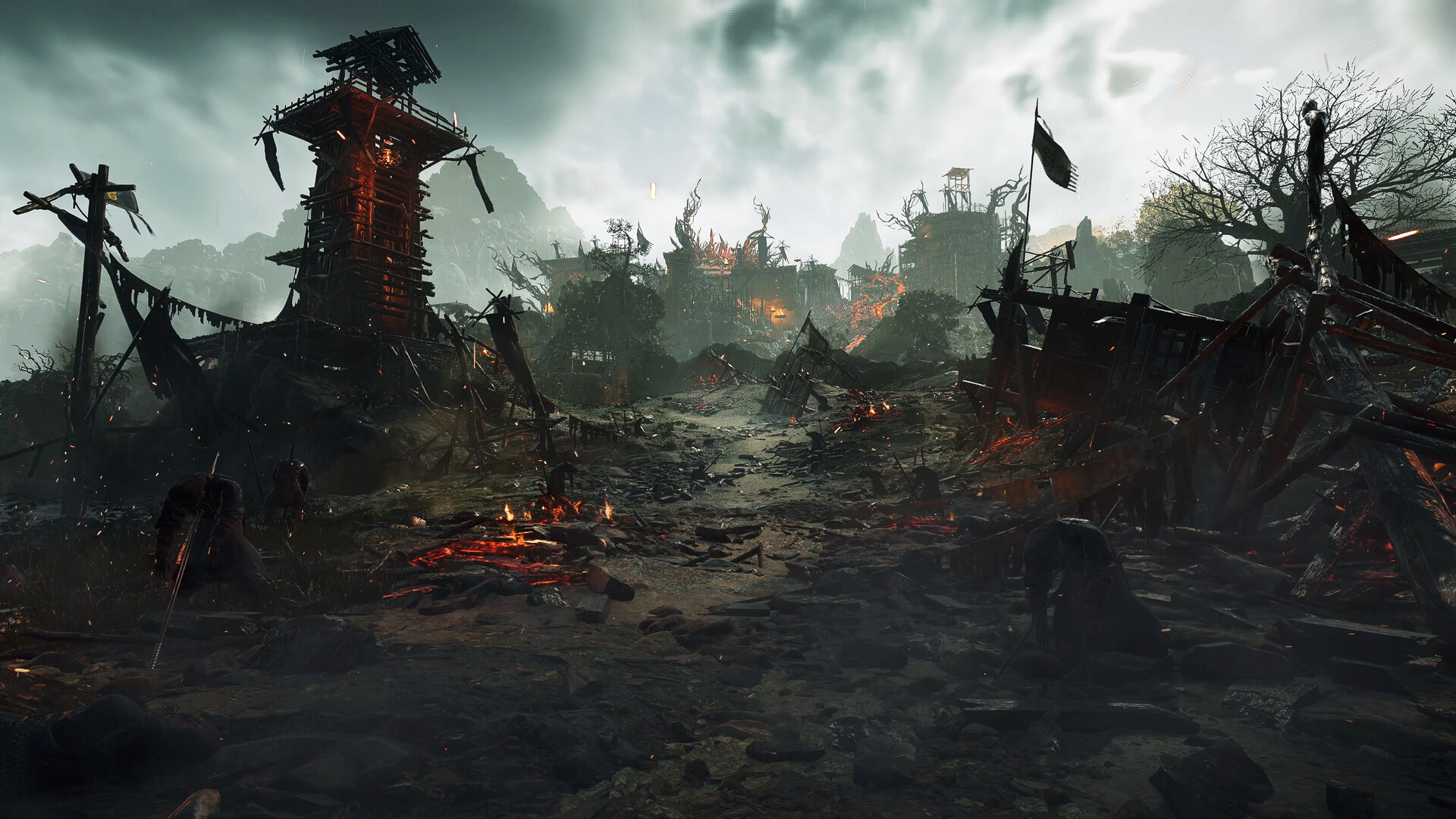 A ruined encampment at dusk in Wo Long 2: Wings of Ember, with a timber watchtower, broken palisades, smouldering embers and a fortified settlement overgrown with spiked red demonic growths beyond