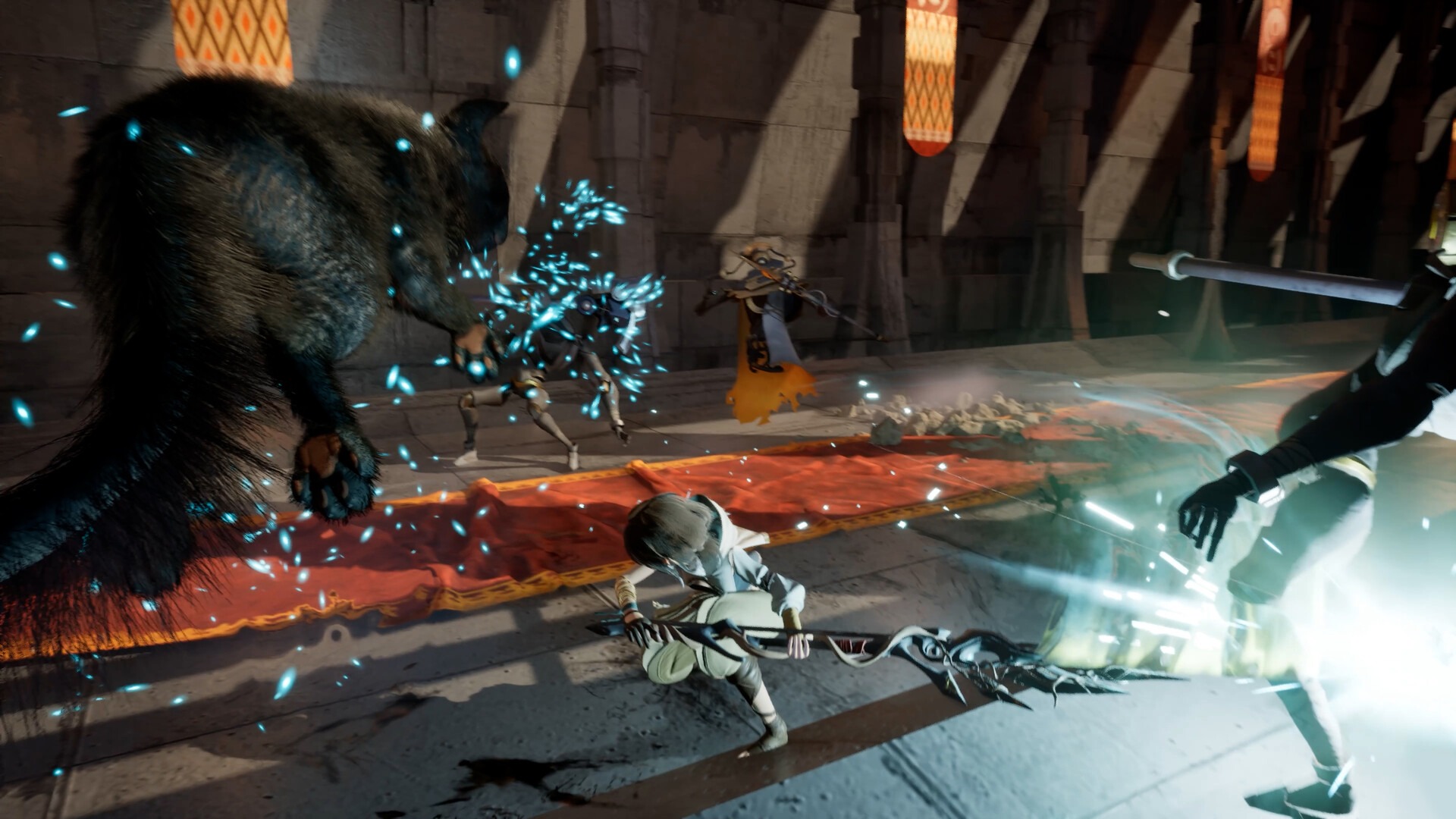 Combat inside a stone hall hung with orange banners: Molly draws a dark bow at ground level while the cat, grown to bear size and trailing blue motes, rears over an armoured humanoid enemy