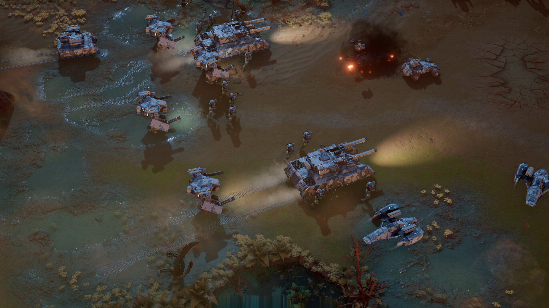 Protectorate tanks, walking mechs and infantry advancing in formation across shallow marshland