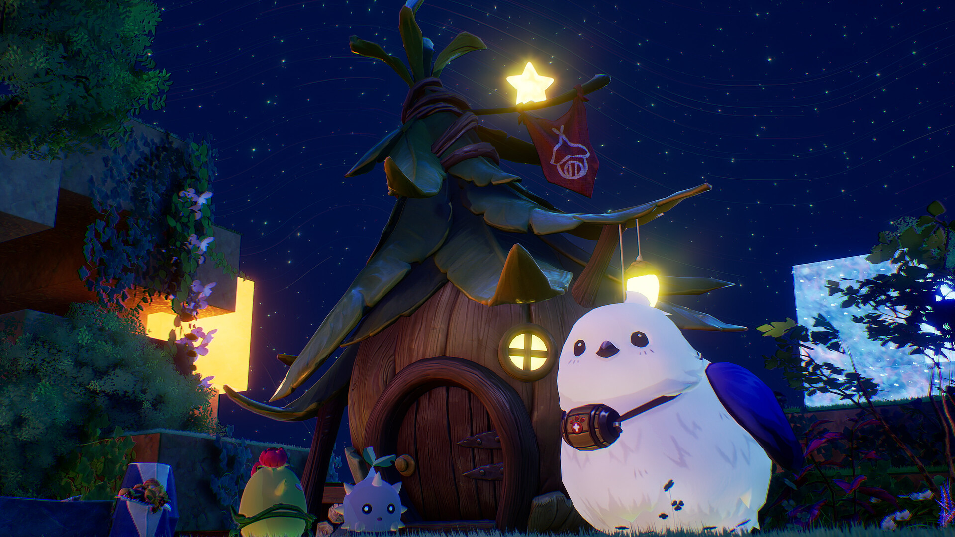 A large round white bird-like creature with a small barrel at its neck beside a leaf-roofed hut at night