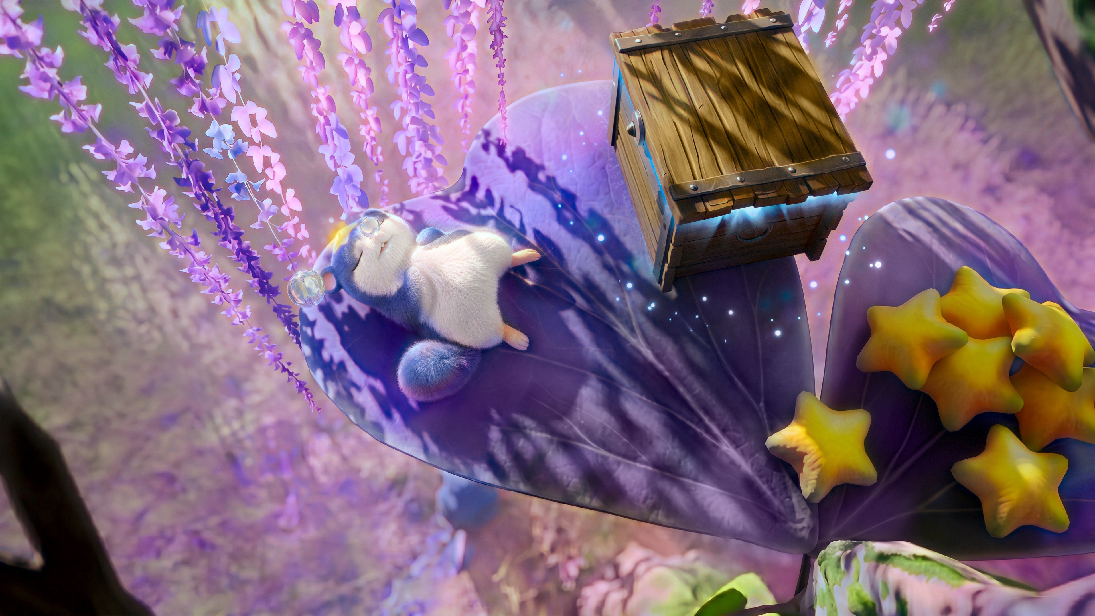 A small white Aniimo resting on an oversized purple flower petal beside a wooden chest and scattered star-shaped pickups