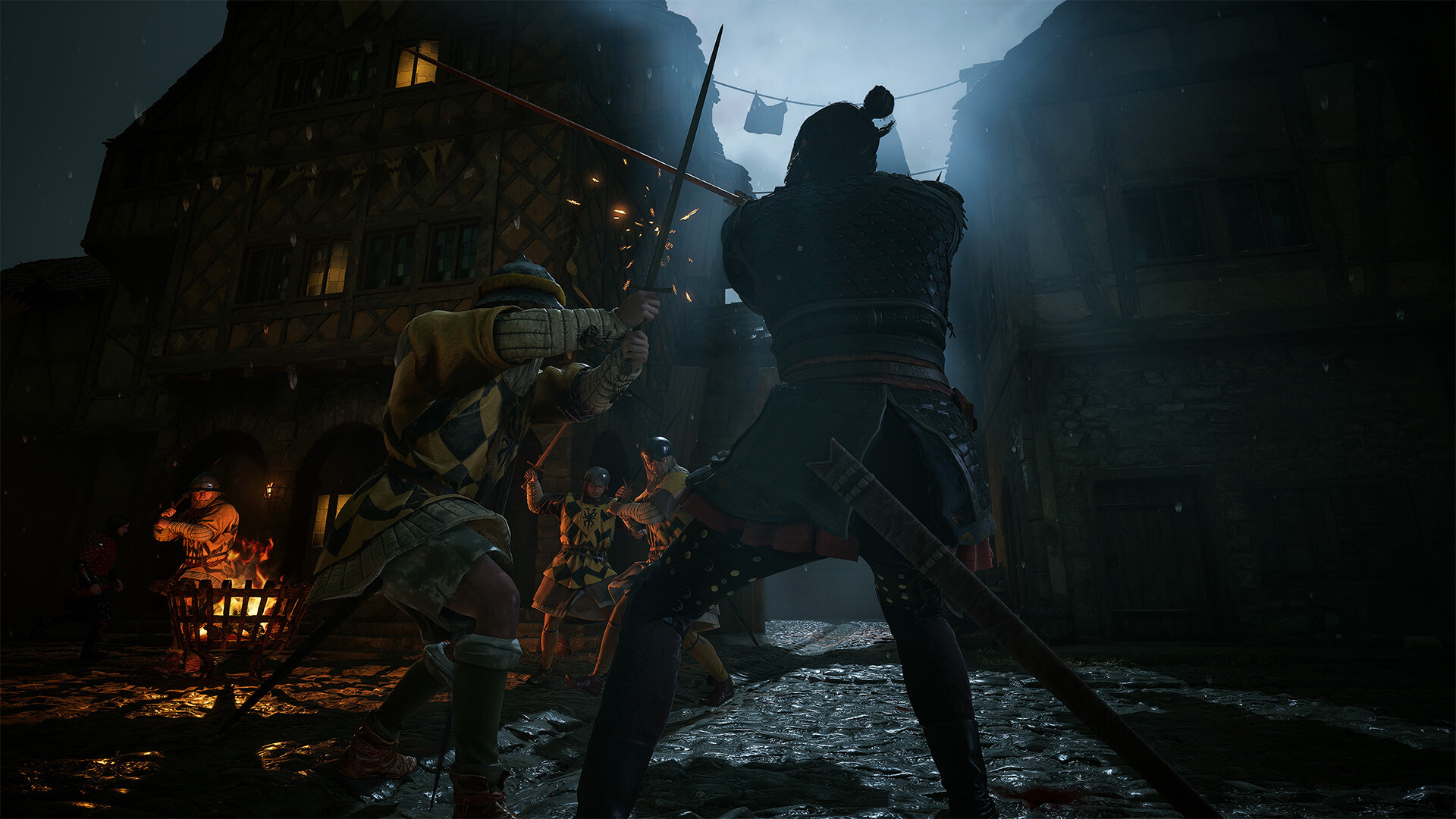 A night skirmish in a narrow town street, where an armoured swordsman faces a liveried militiaman by torchlight