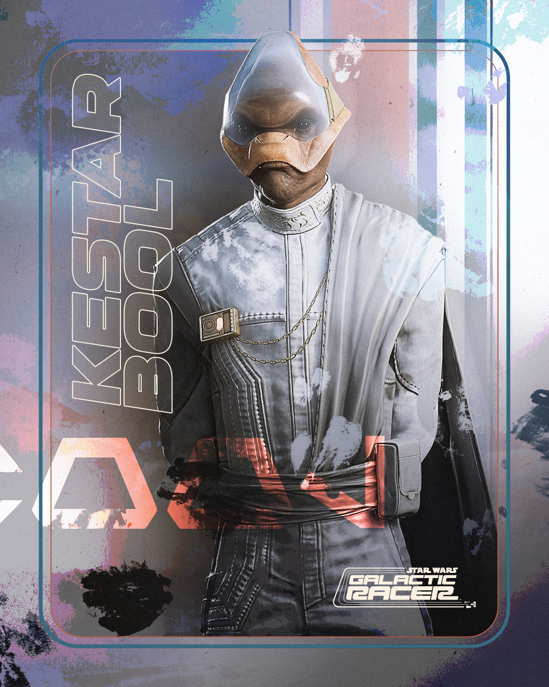 Official character art of Kestar Bool, the Caskadag League champion, in a pale high-necked racing suit