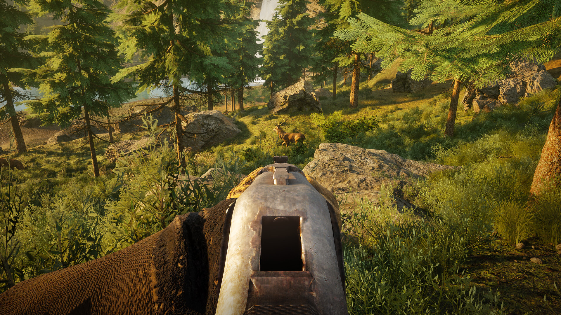 First-person view in Westlanders of a player aiming a rifle across a forested hillside