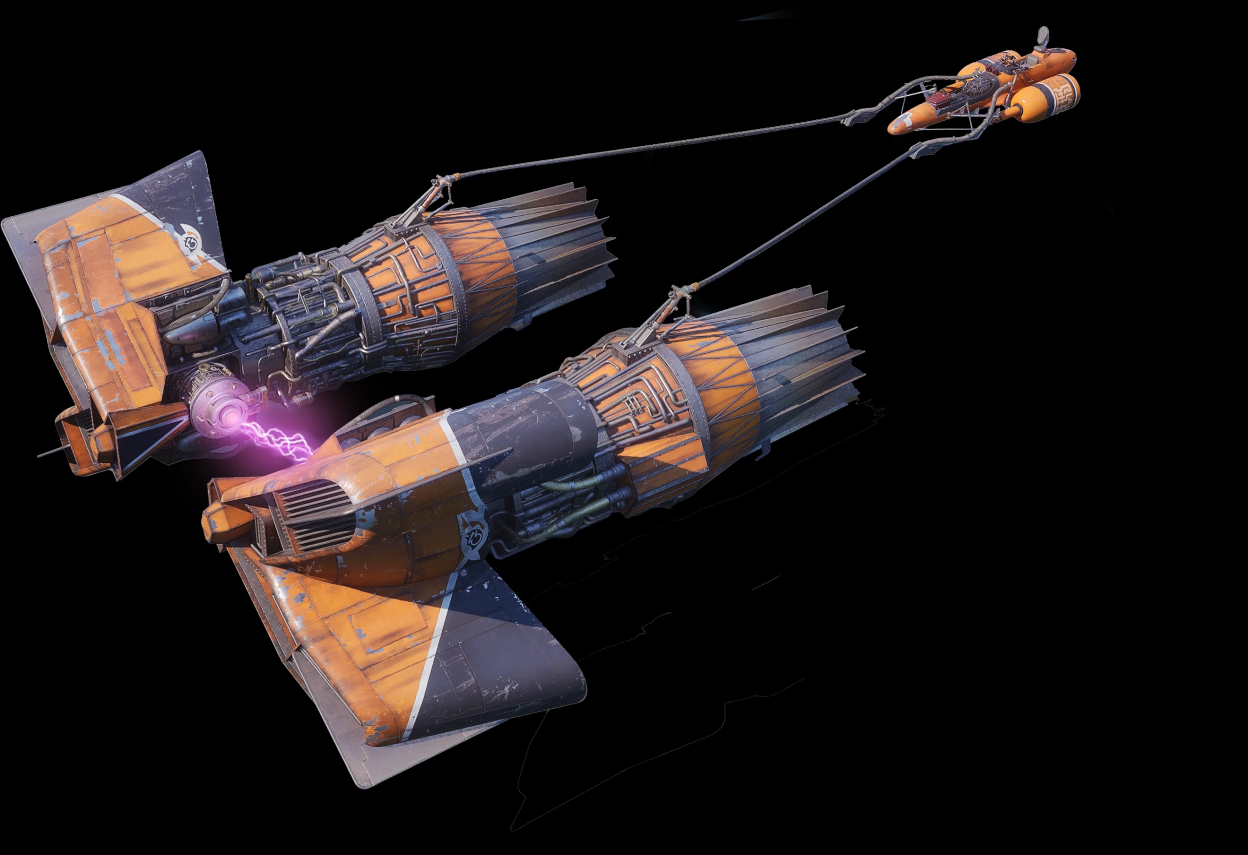 Official render of an orange and navy podracer, two engine pods tethered to a small cockpit with energy arcing between them