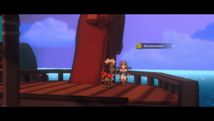 Two characters stand on a ship deck as a Meridemblem x1 pickup notice appears on screen