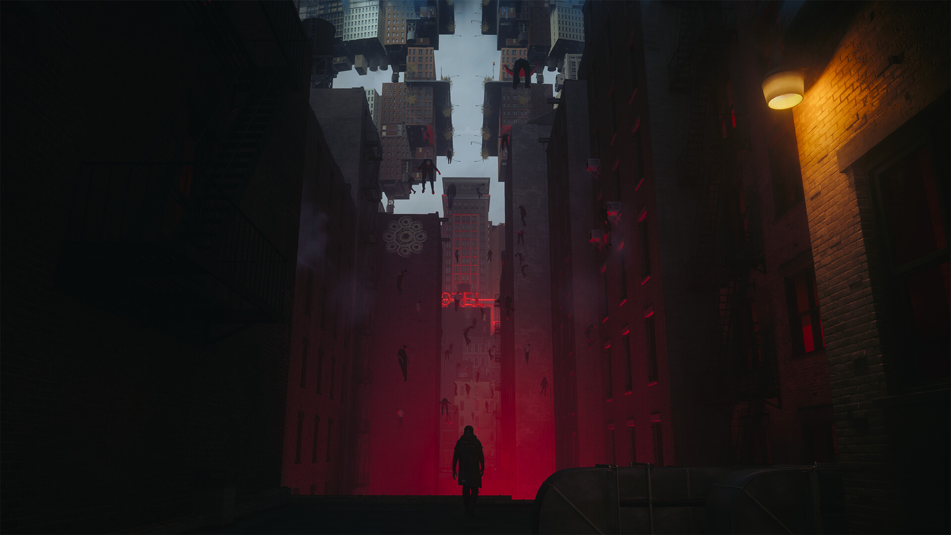 A Manhattan alley opening onto a street folded back on itself, lit deep red, with an inverted skyline overhead and dozens of human figures suspended motionless in the air