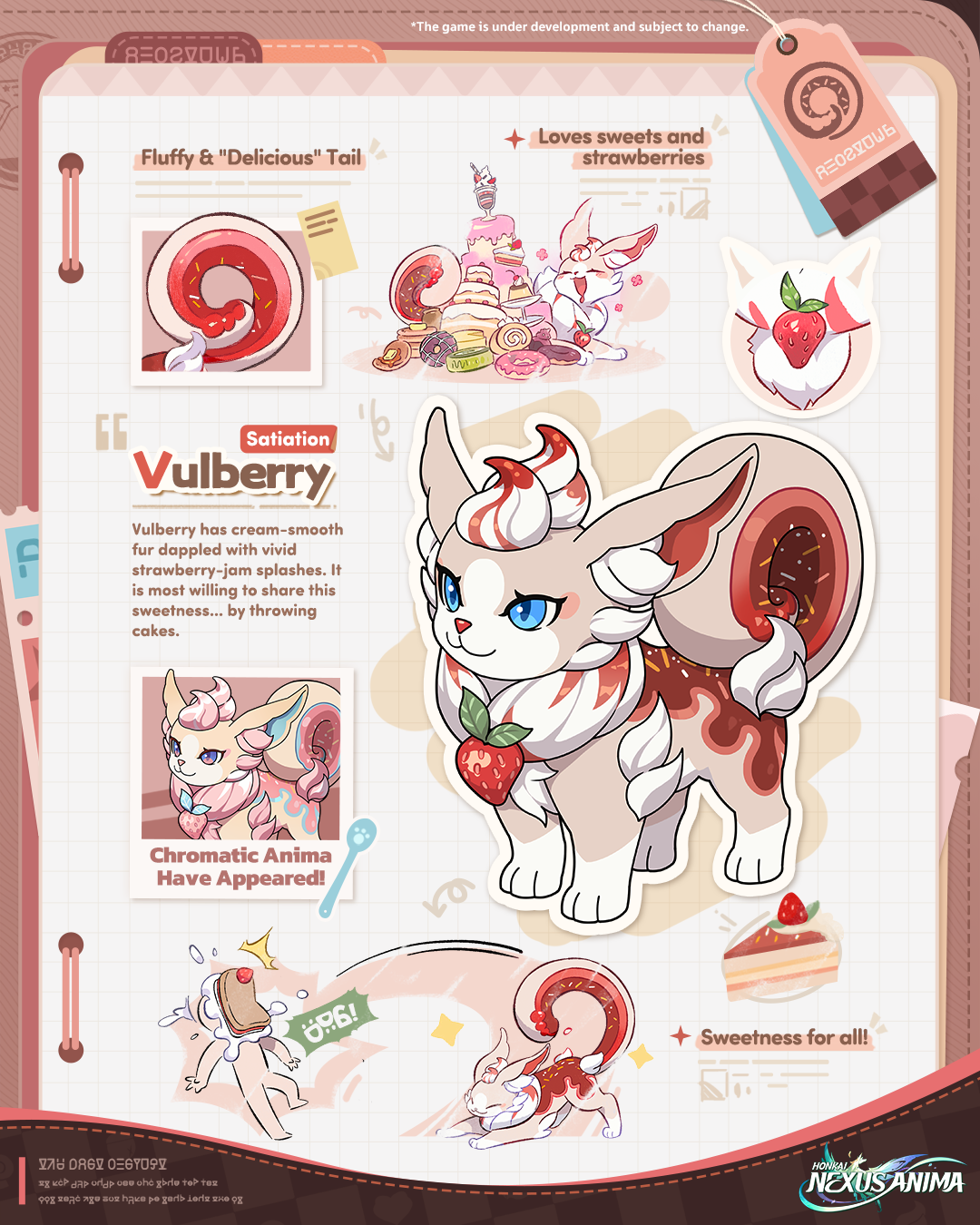 Vulberry, the Satiation Aspect Anima, a fox-like creature with cream fur and strawberry-jam markings, shown beside its Chromatic recolor